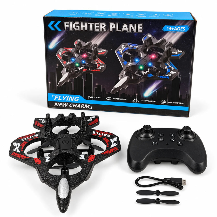 Fighter Plane RC Quadcopter and its box.