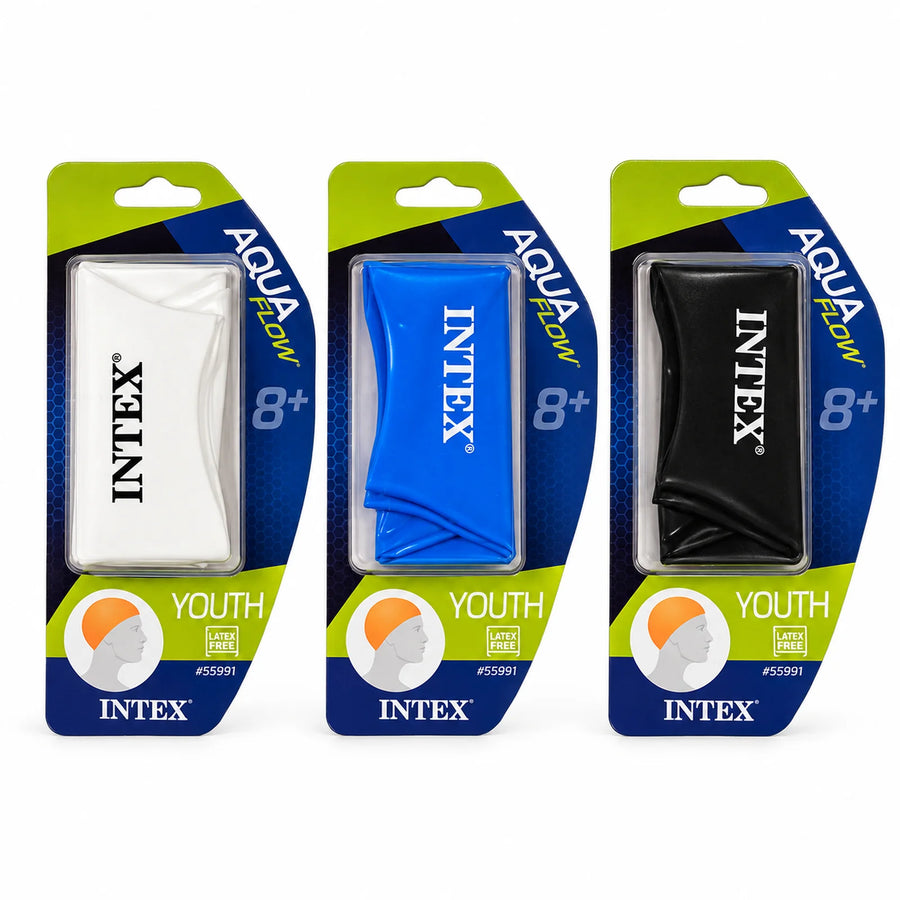 Intex AquaFlow Youth Swim Cap and its box.