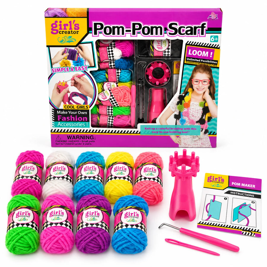 Pom-Pom Scarf Knitting Loom Kit and its box.