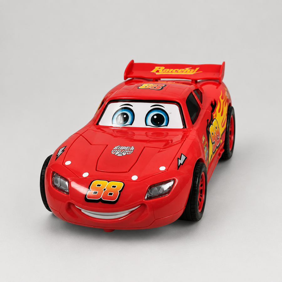 Red transforming robot toy car shown from a front three-quarter angle on a light-gray background