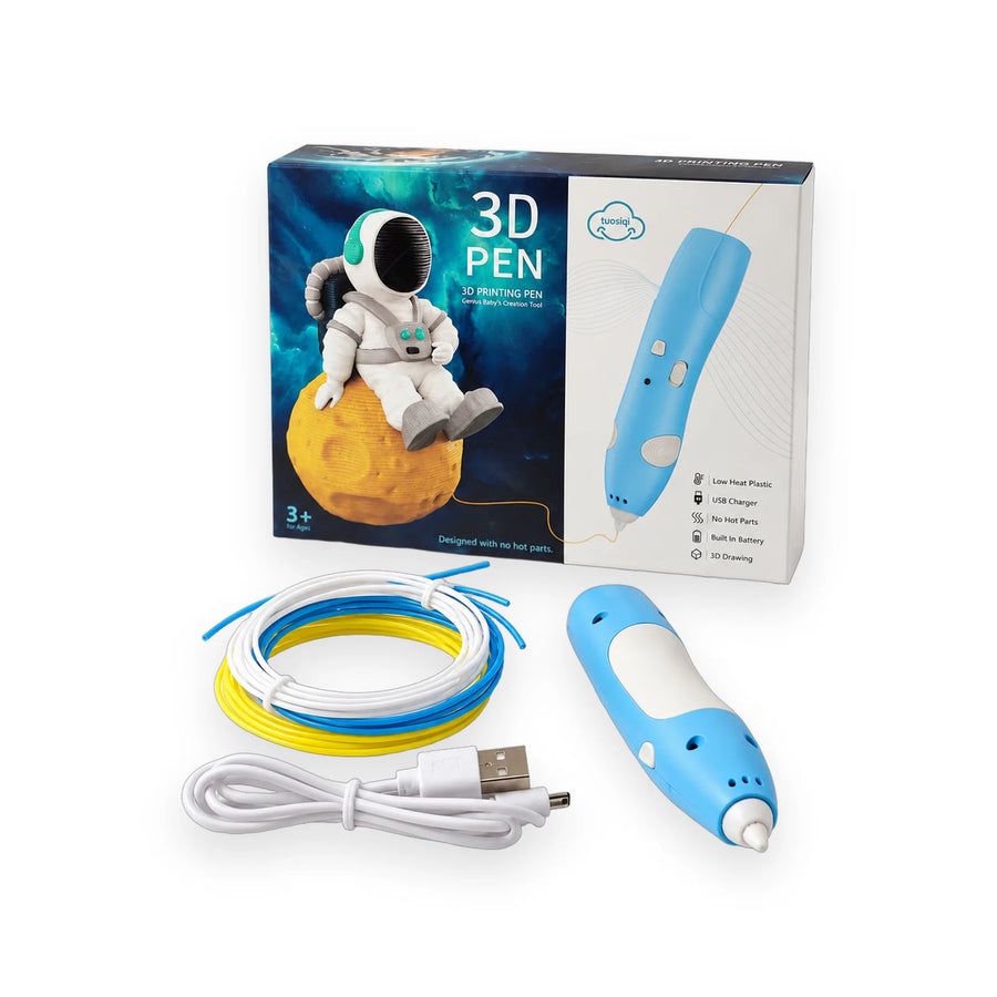 Blue and white 3D printing pen with USB charging cable and filament in its packaging
