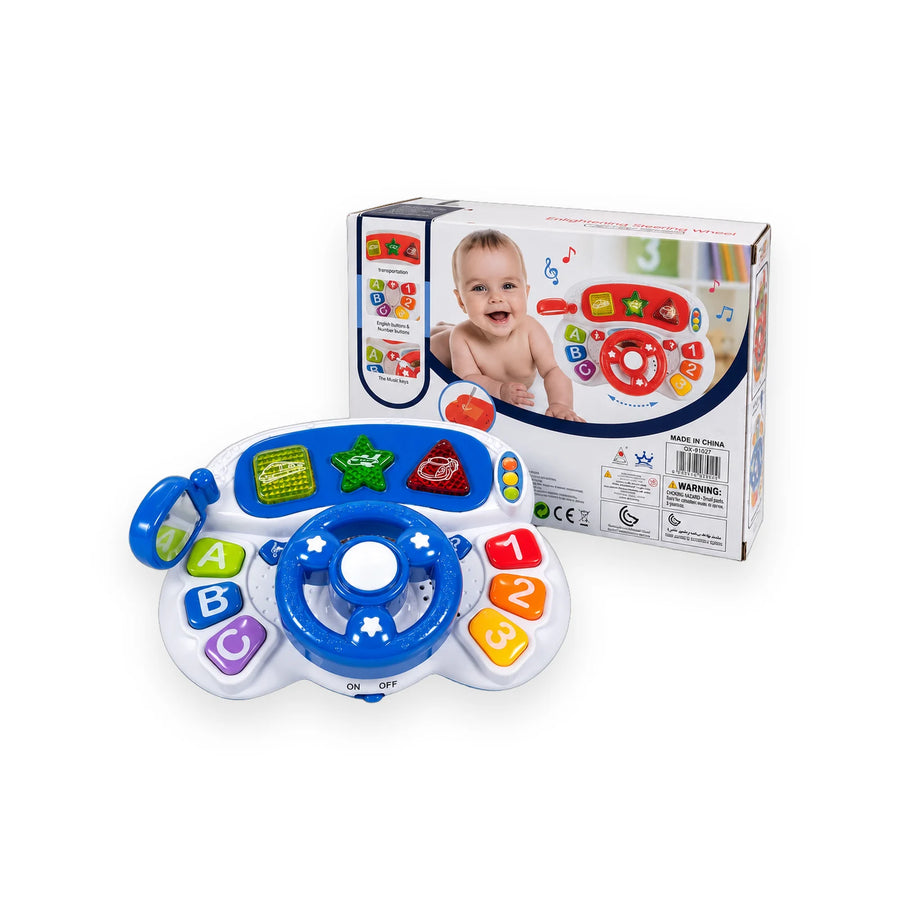 Blue and white abero Enlightening Steering Wheel baby toy in its open box