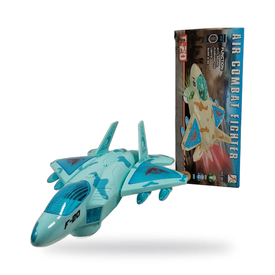 Blue and white Air Combat toy fighter jet with flashing lights, shown next to its packaging