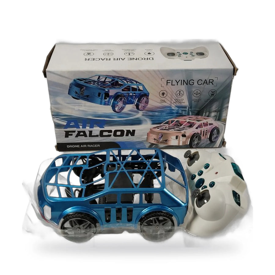 Blue Air Falcon Drone Air Racer flying car with its white remote control on a white surface