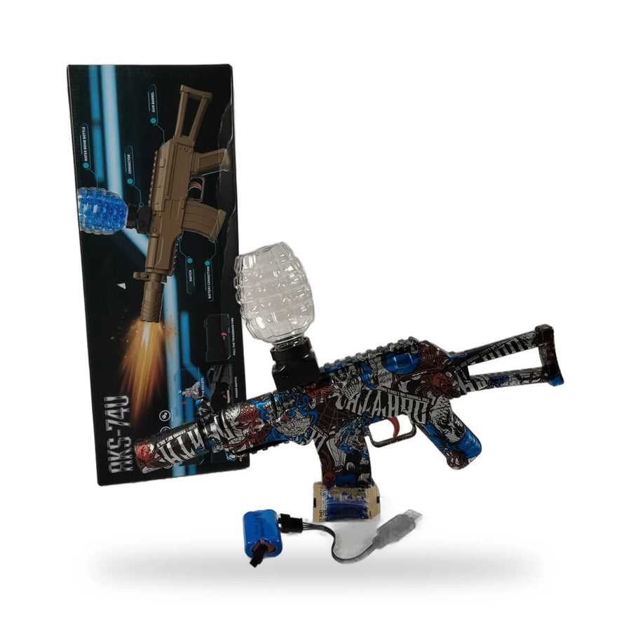 AKS-74U style electric water bomb shooter toy with water bottle and USB charger