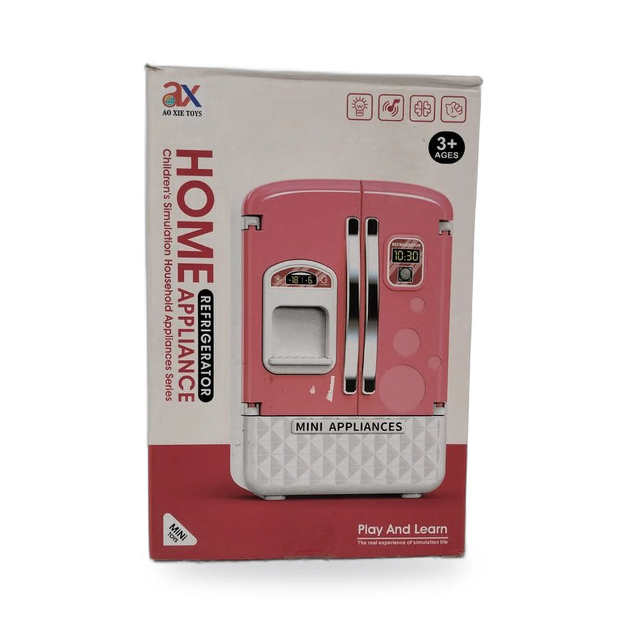 Pink and white toy refrigerator with open doors showing toy food inside