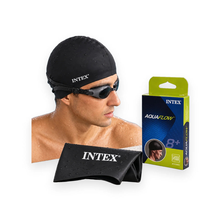 Intex AquaFlow swim cap in its packaging, shown from several angles