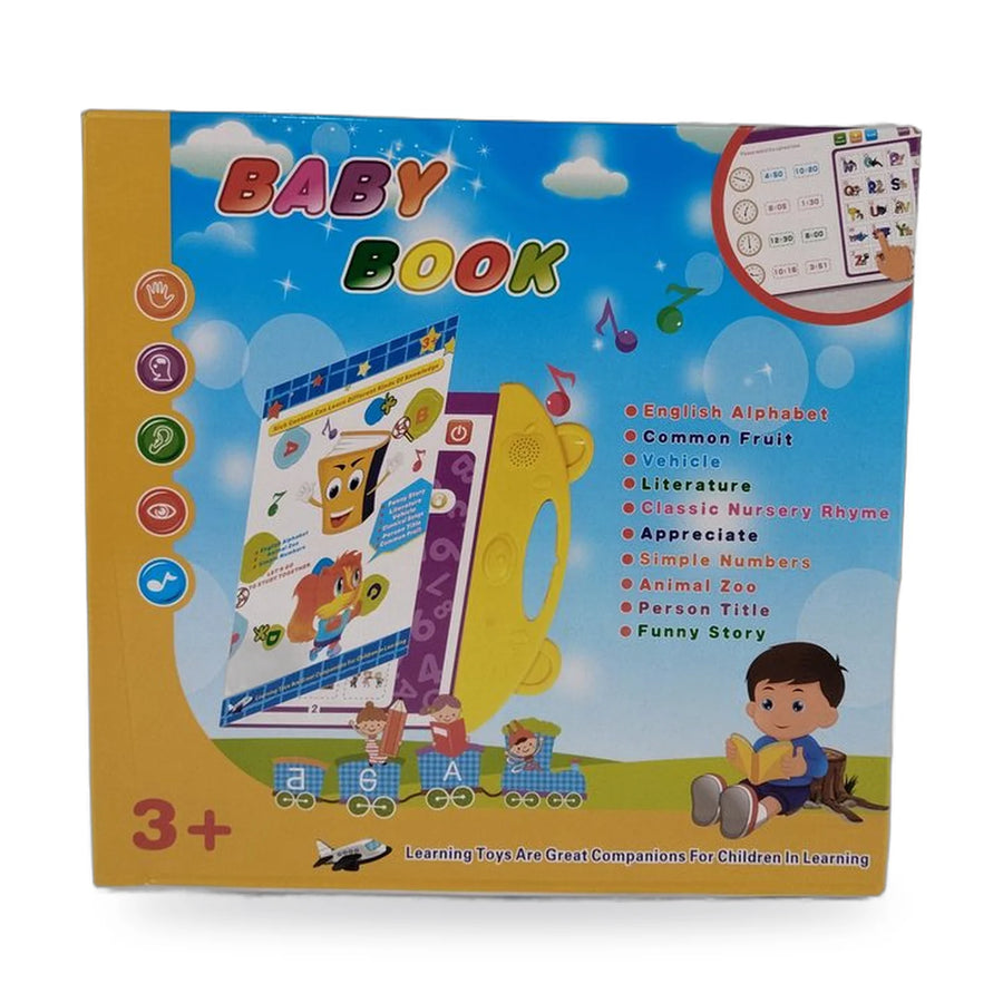 Yellow electronic learning book with a carry handle, open to show interactive pages