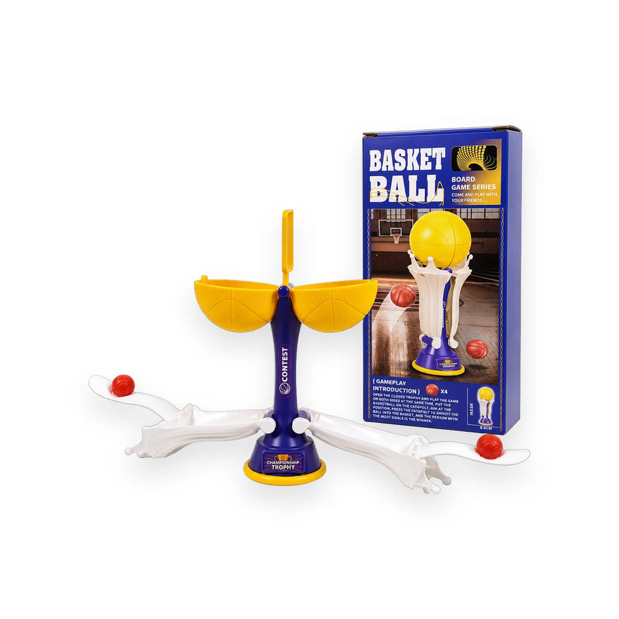 Two-player basketball trophy catapult game opened out, with target baskets and small balls