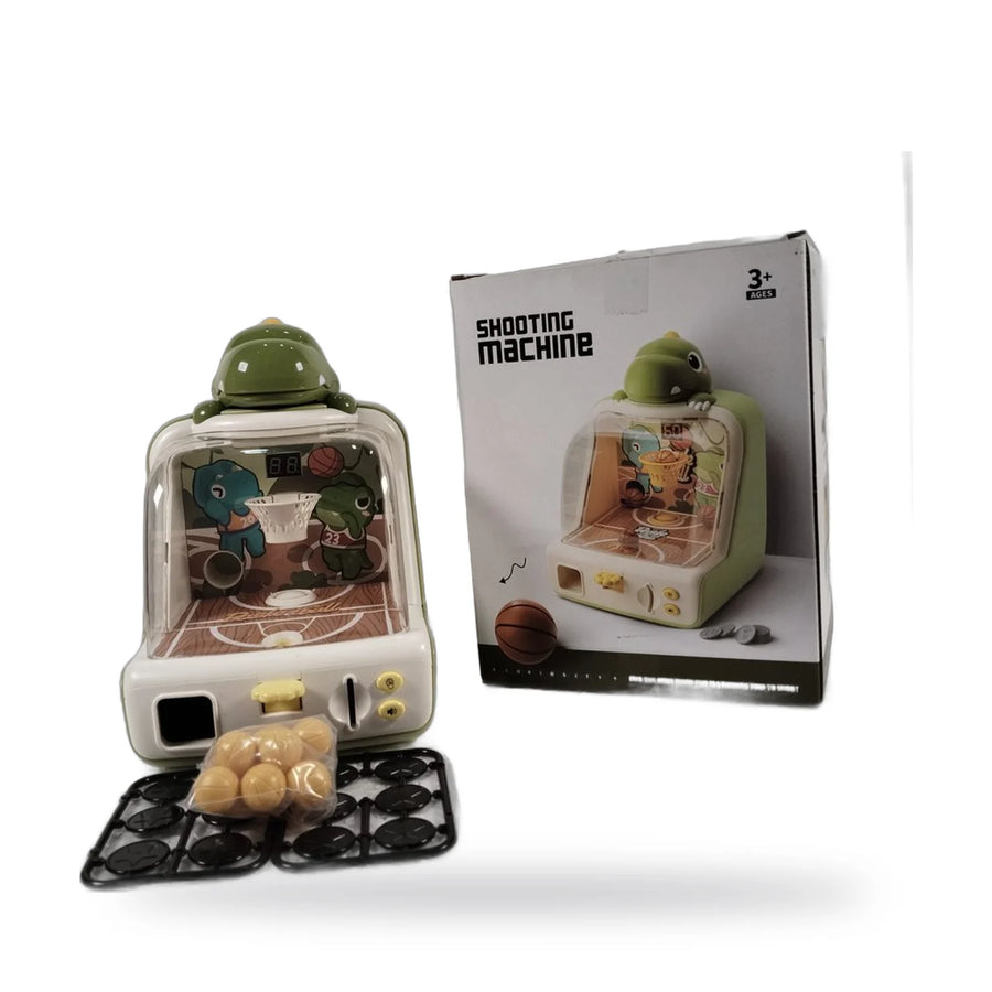 Green dinosaur basketball shooting machine toy with a digital display and basketballs