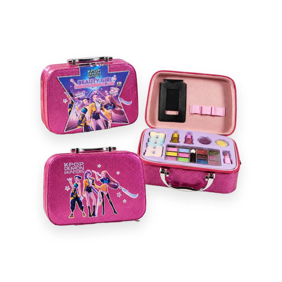 Pink glitter KPop Demon Hunters Beauty Girl makeup case with its palette and accessories