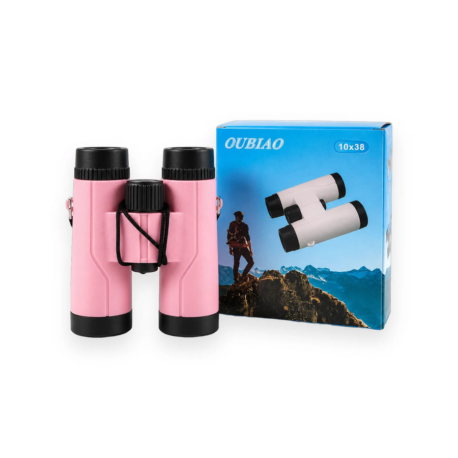 Pink Oubiao 10x38 children's binoculars with black eyepieces beside their box