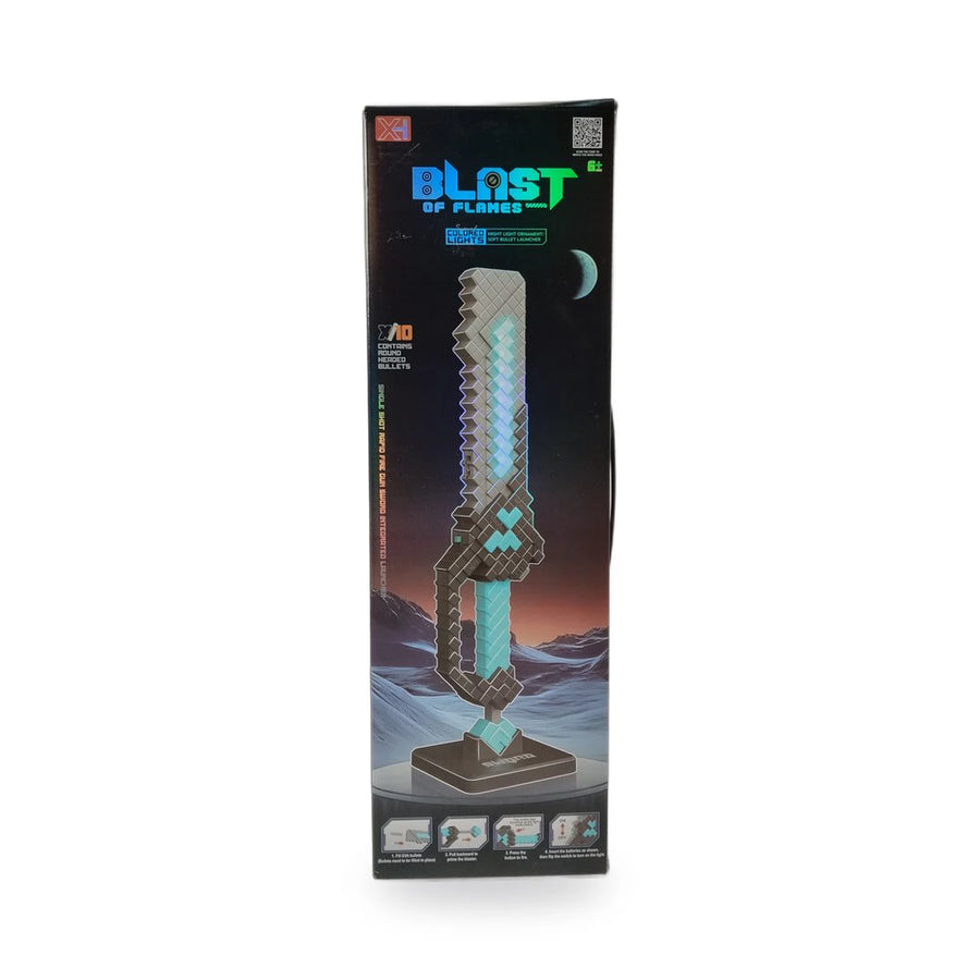 Blast of Flames toy sword glowing with blue LED lights, standing on a black base beside its packaging