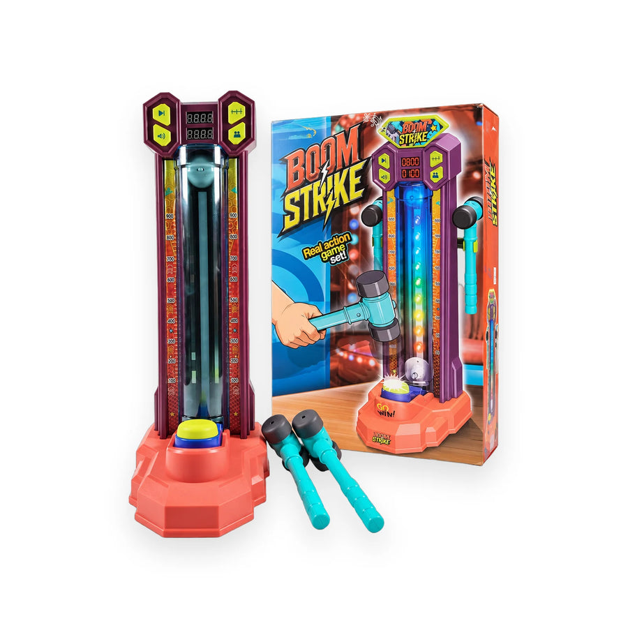 Boom Strike electronic hammer game with light-up scoring tower, digital score display and two hammers