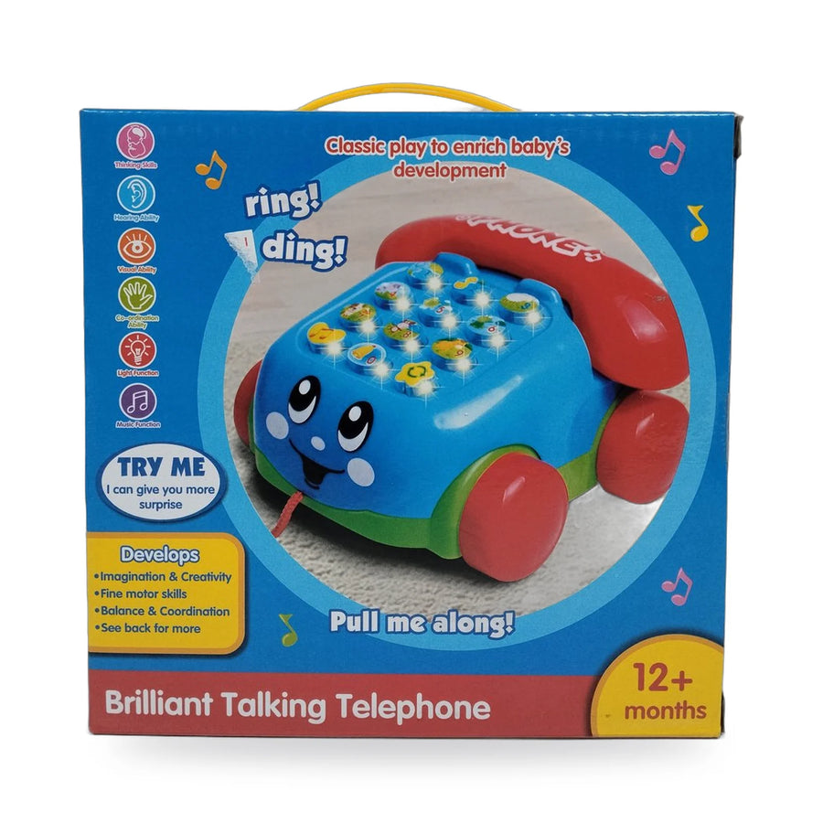 Blue plastic talking telephone toy with a red handset and red wheels