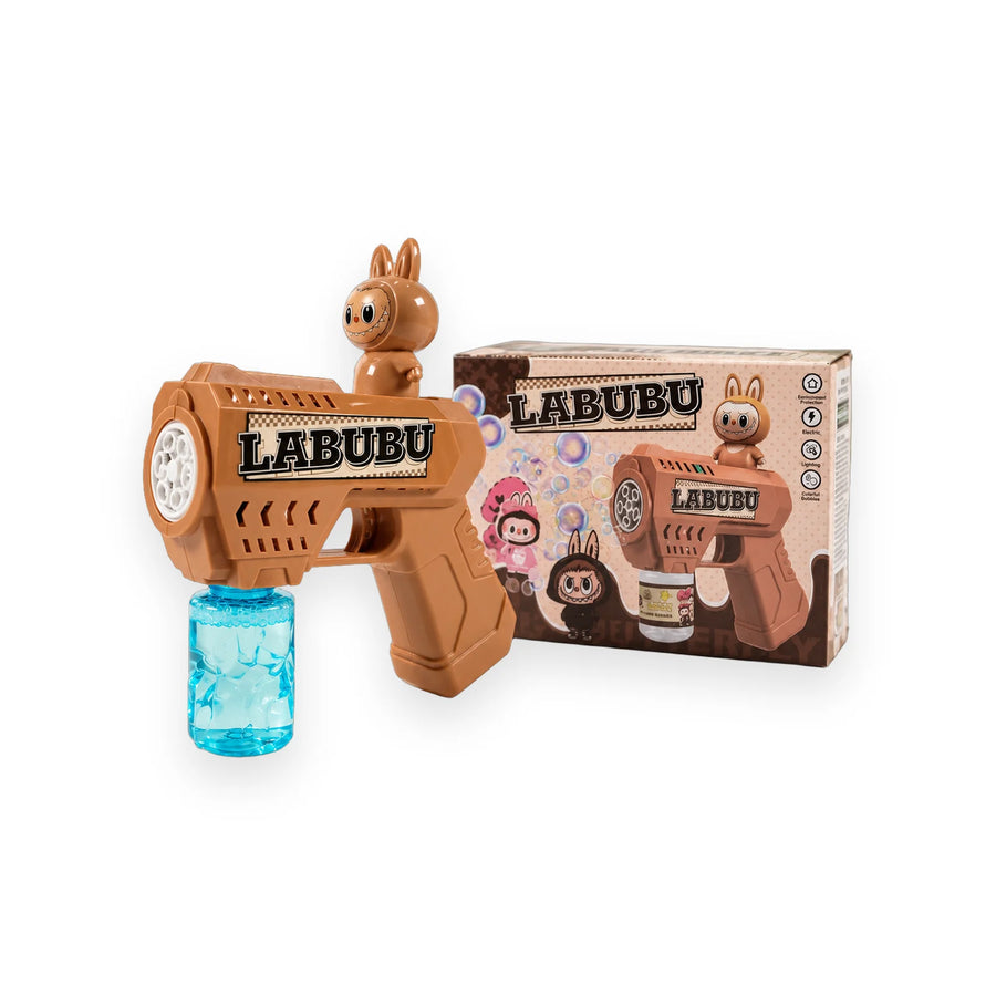 Brown Labubu bubble gun with the Labubu character on top and a bubble solution bottle