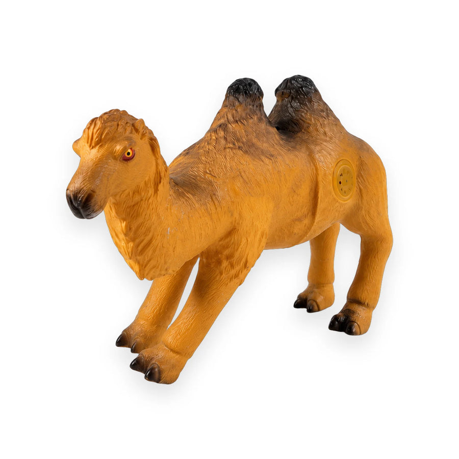 Sandy brown two-humped Bactrian camel figure standing on its own