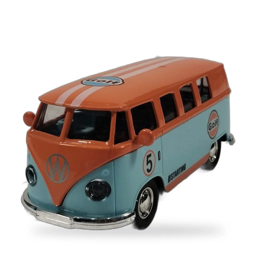 Classic orange and light blue camper van model with the number 5 on the side