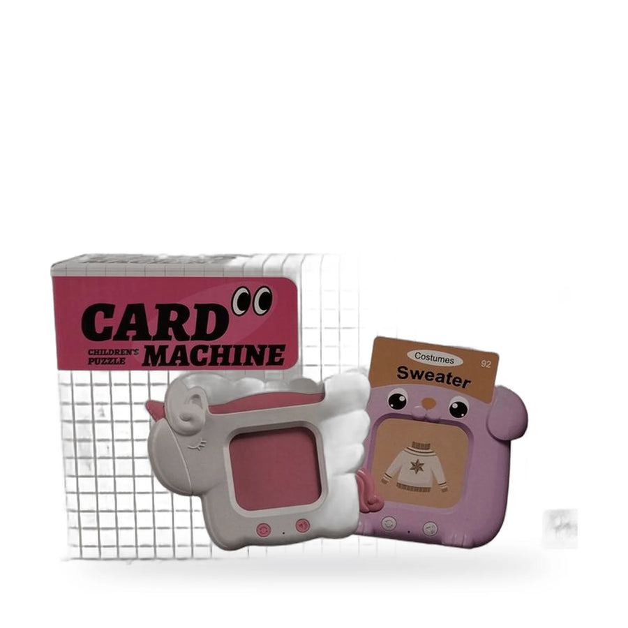 Pink and blue children's puzzle game card machine with a box of puzzle cards on a white surface