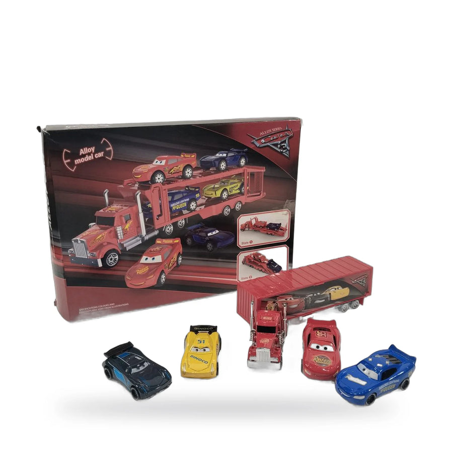 Cars 3 red car carrier truck with four race cars and the box