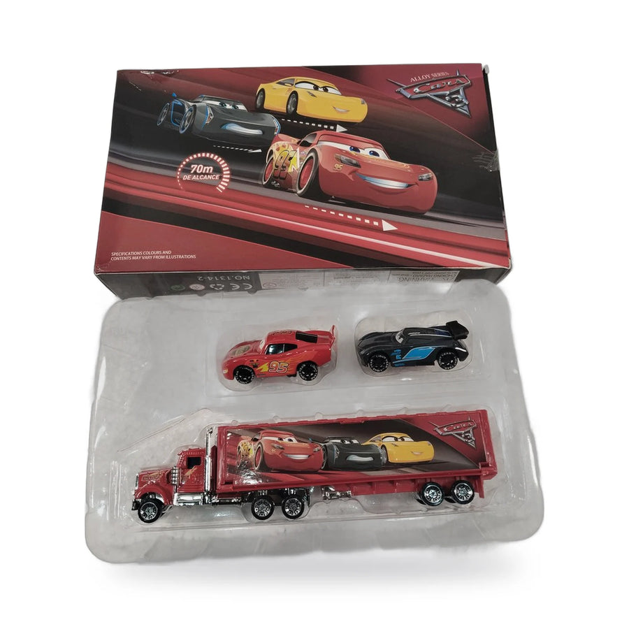Cars 3 alloy red transporter truck with two race cars beside the window box