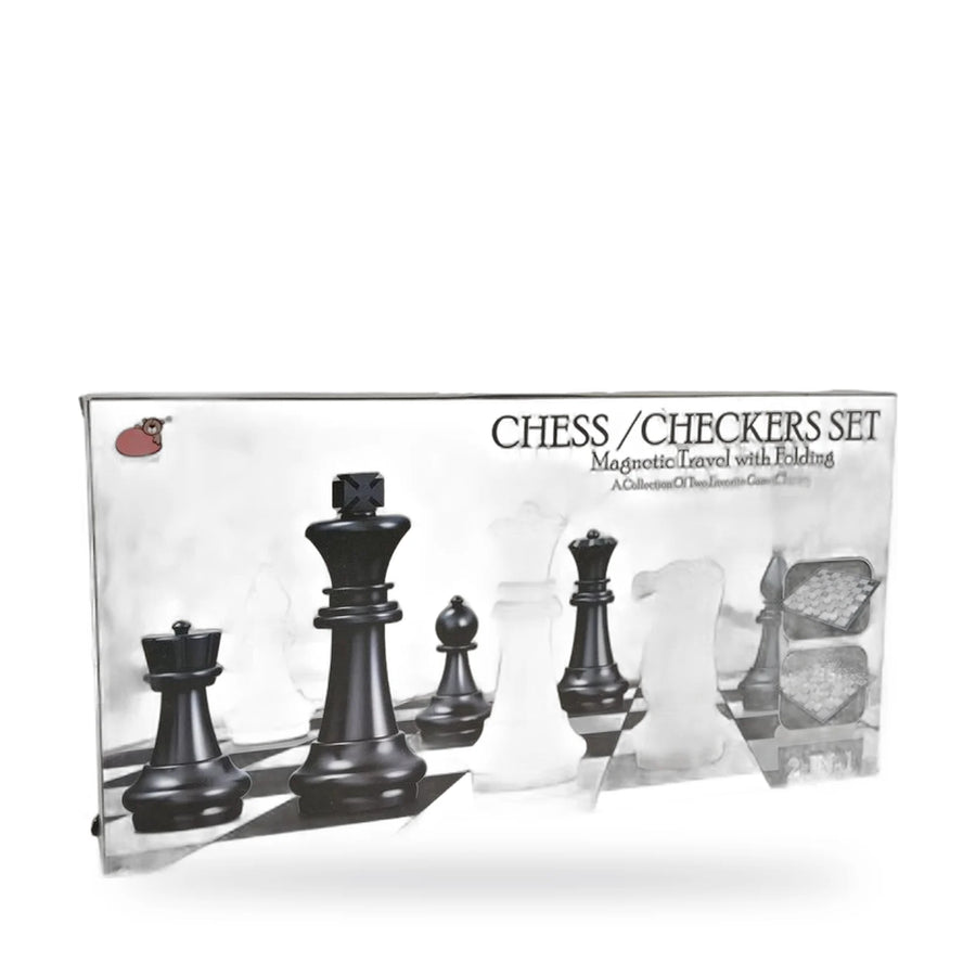 Magnetic chess and checkers 2-in-1 set with a foldable board and pieces
