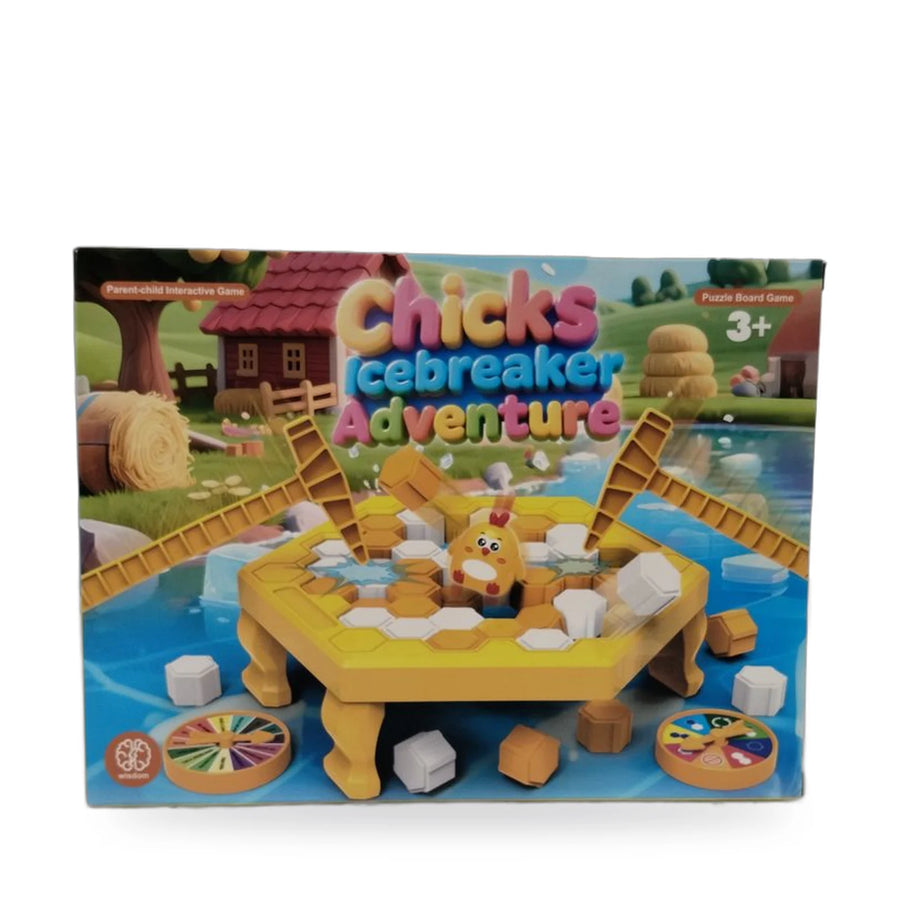 Chicks Icebreaker Adventure game with yellow ice platform, chick figures and spinner