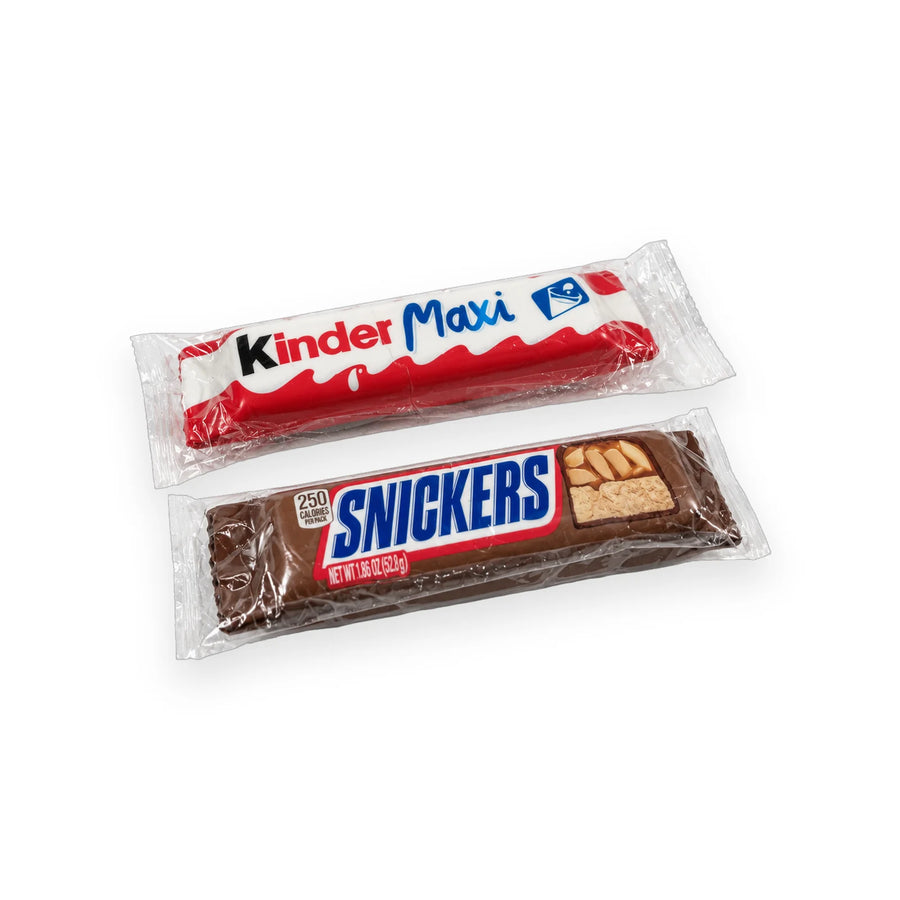 Kinder Maxi and Snickers chocolate bar squishy toys in clear wrappers