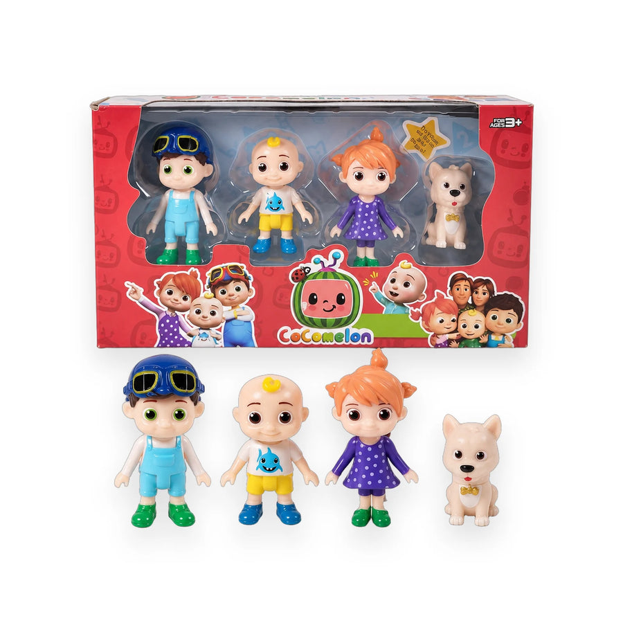 Box of CoComelon mini figures with TomTom, JJ, YoYo and Bingo displayed in front