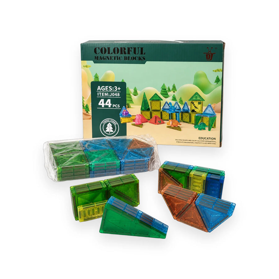 Box of colourful magnetic building blocks with a forest theme illustration
