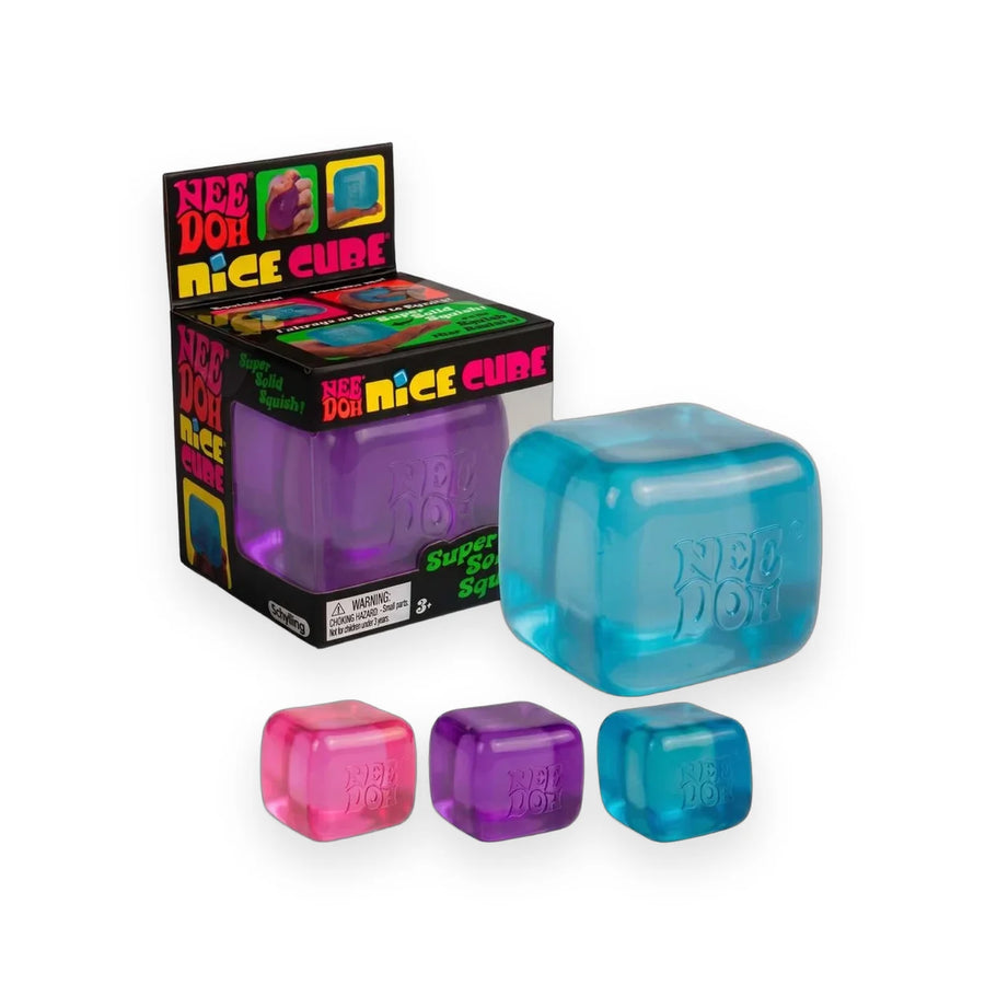 Green glitter, pink and orange swirl squish cube squeeze toys in their packaging