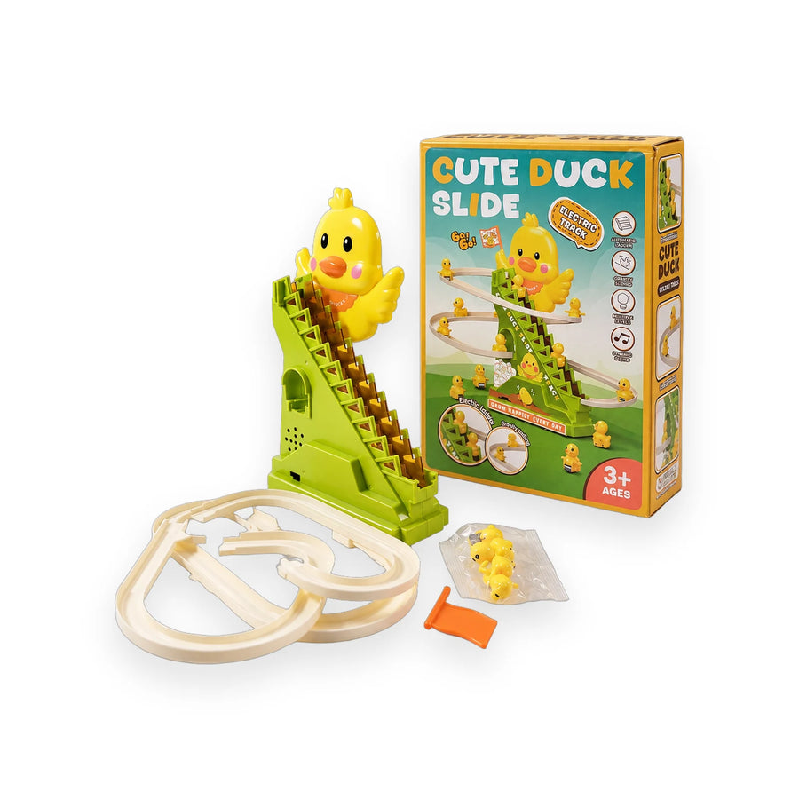 Green Cute Duck Slide electric track toy with a ladder, clear slide and several small yellow ducks