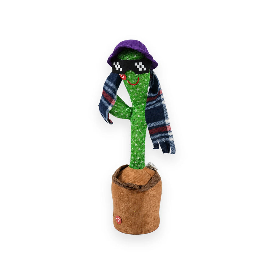 Green knitted dancing cactus in a cloth pot wearing a purple hat, sunglasses and a striped scarf