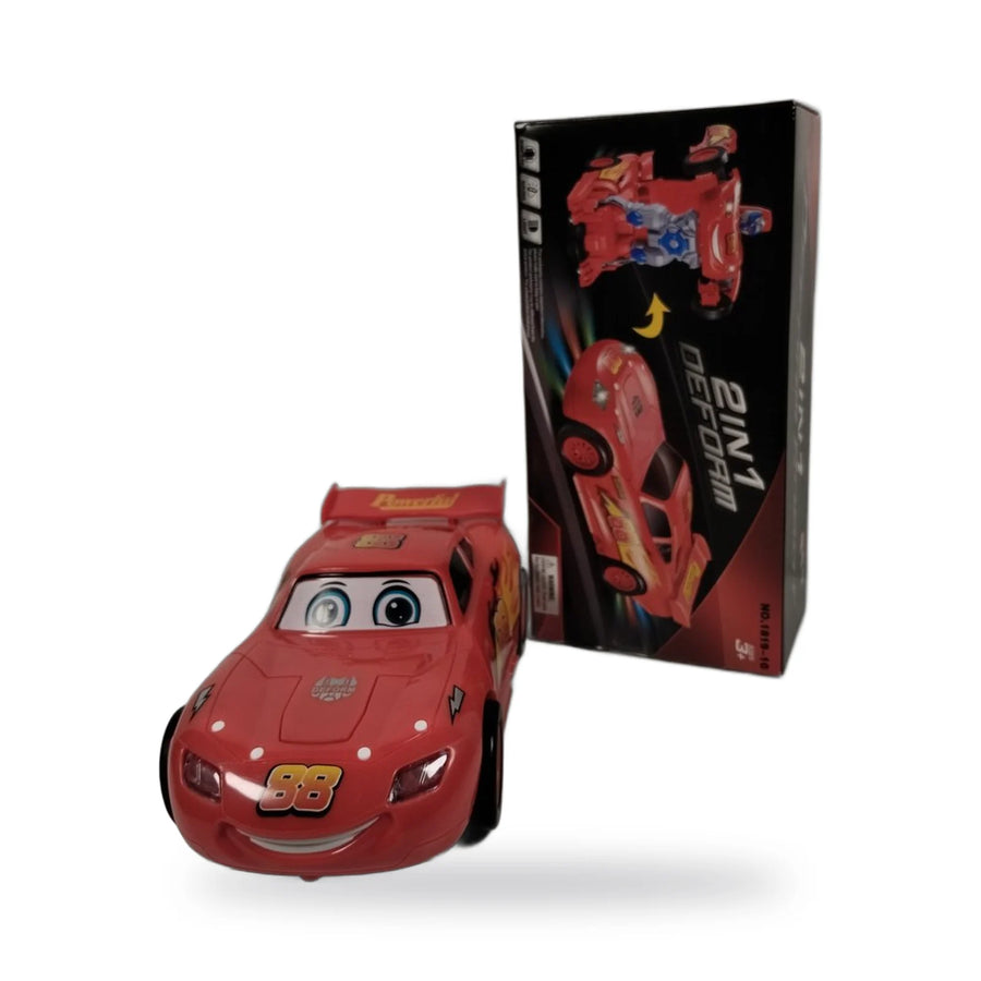 Red two-in-one transforming robot car in the style of Lightning McQueen, shown in car form