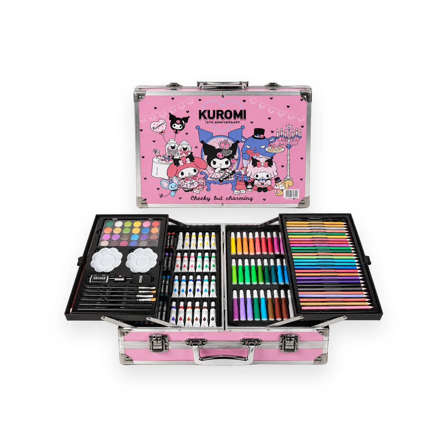 Pink Kuromi 15th Anniversary aluminium art case open to show pencils, paints and brushes