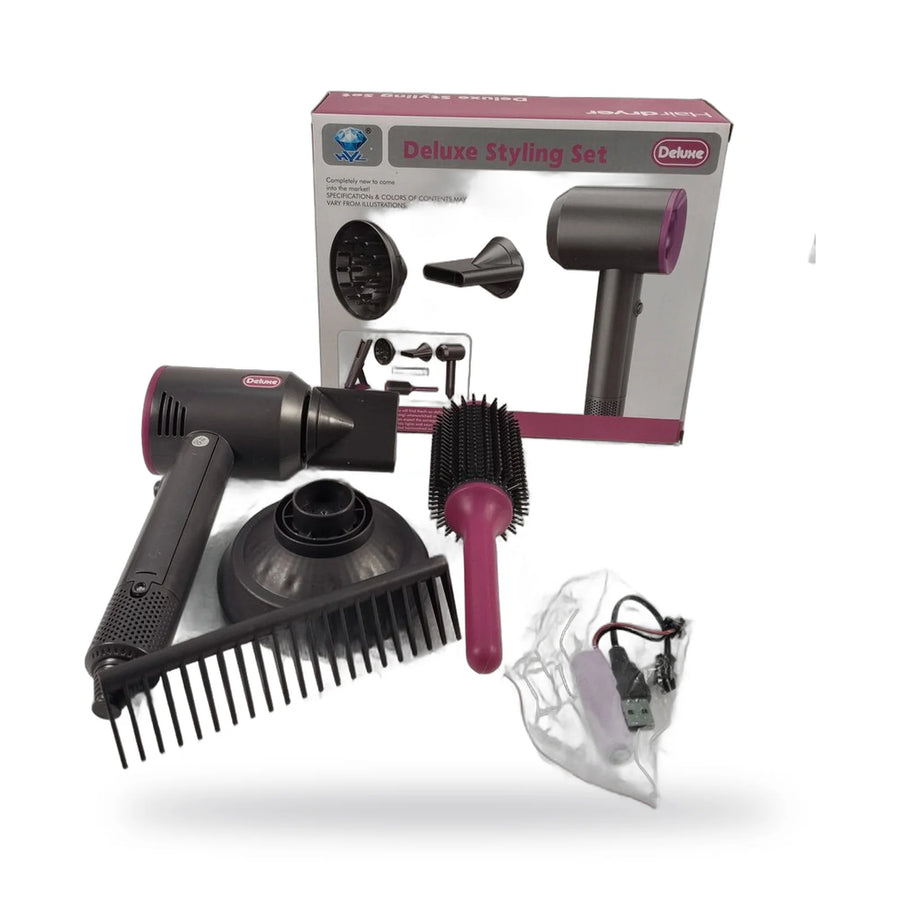 Pink and black Deluxe Hair Styling Set with toy blow dryer, round brush and comb