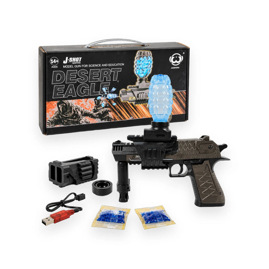 J-Shot Desert Eagle gel blaster with its clear bead hopper, gel beads and USB cable