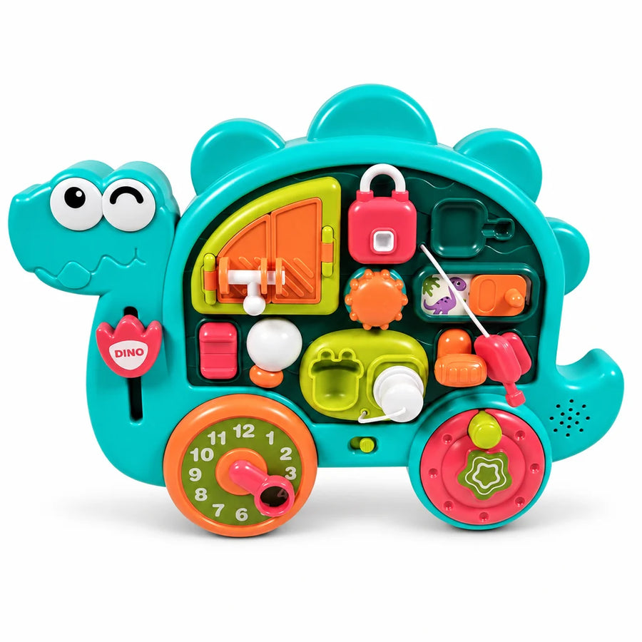 Dinosaur-shaped toddler busy board with colourful interactive panels and wheels