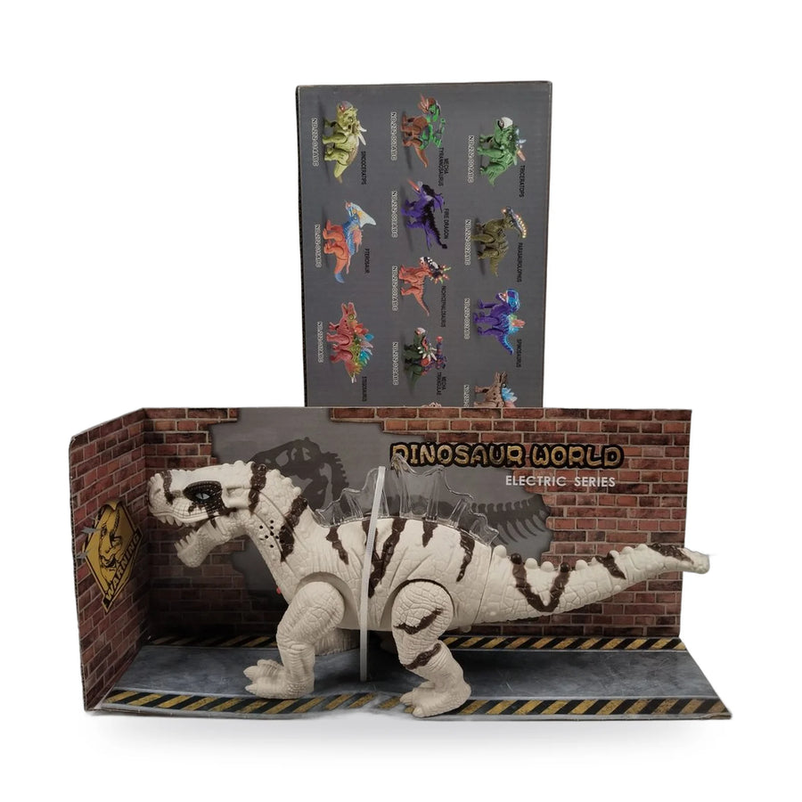 Large white and brown striped walking dinosaur toy with a clear spine, in a brick wall display box