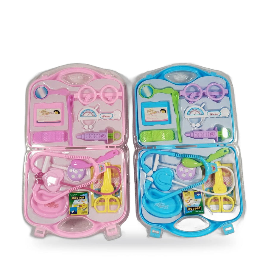 Family Doctor play sets in pink and blue carry cases, open to show toy medical tools