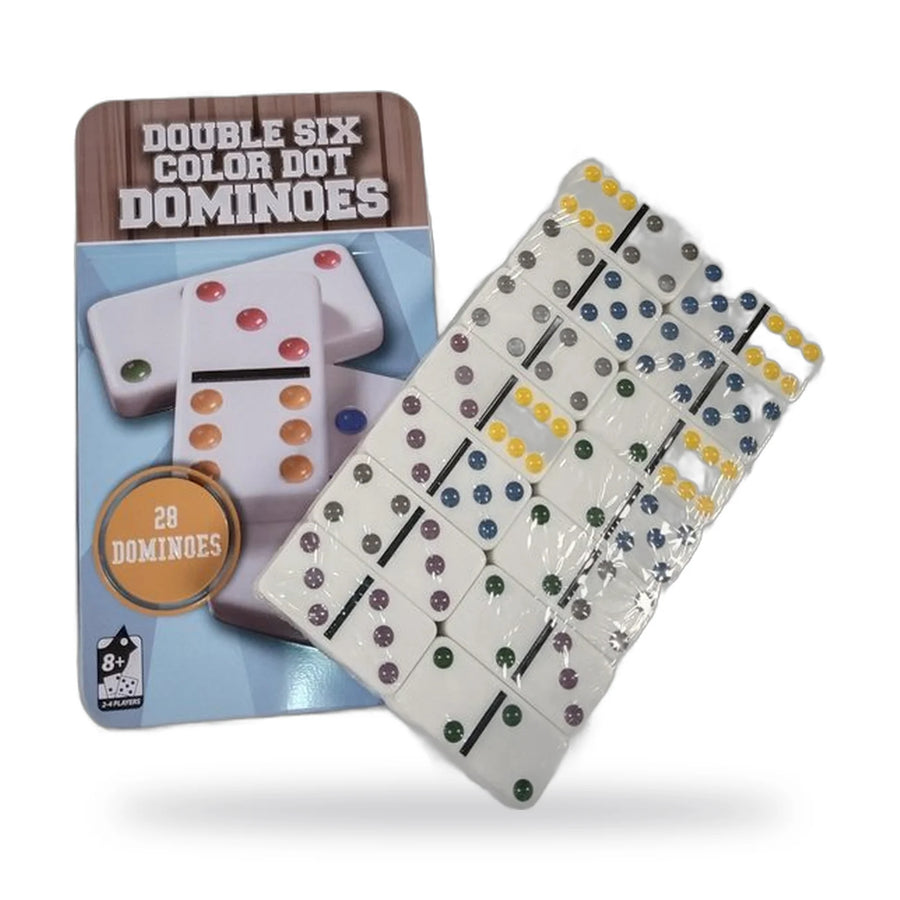 Double six colour dot dominoes with their metal storage tin