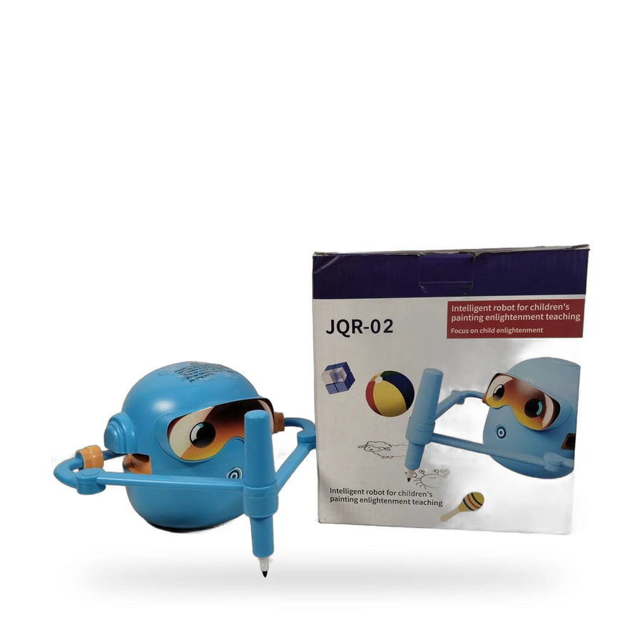Blue cartoon drawing robot JQR-02 with a hippo drawing card