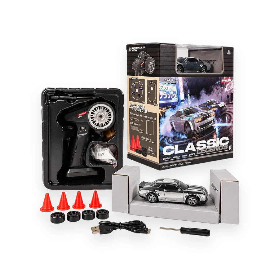 1:43 scale chrome-finish RC drift car with its remote controller and spare parts in the packaging