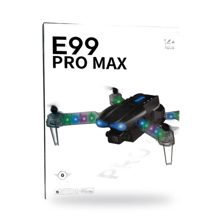 E99 Pro Max foldable drone with transparent arms, its remote controller and carrying case on a white surface