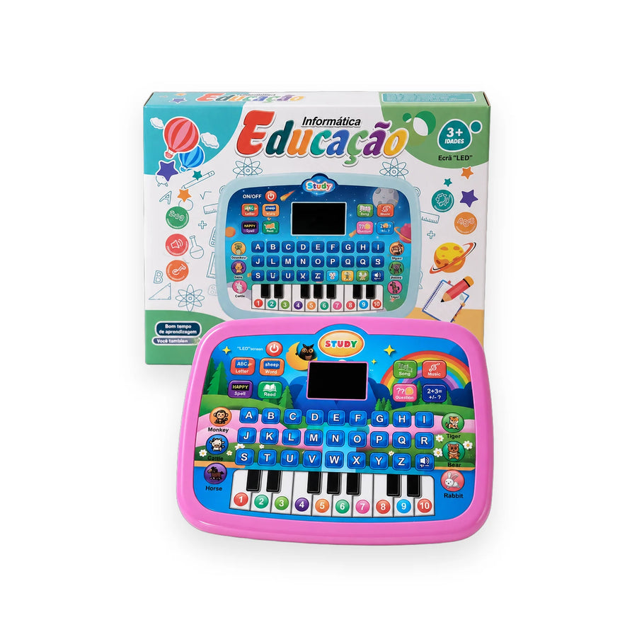 Educational learning tablet with colourful alphabet keys, piano keys and a small LED screen