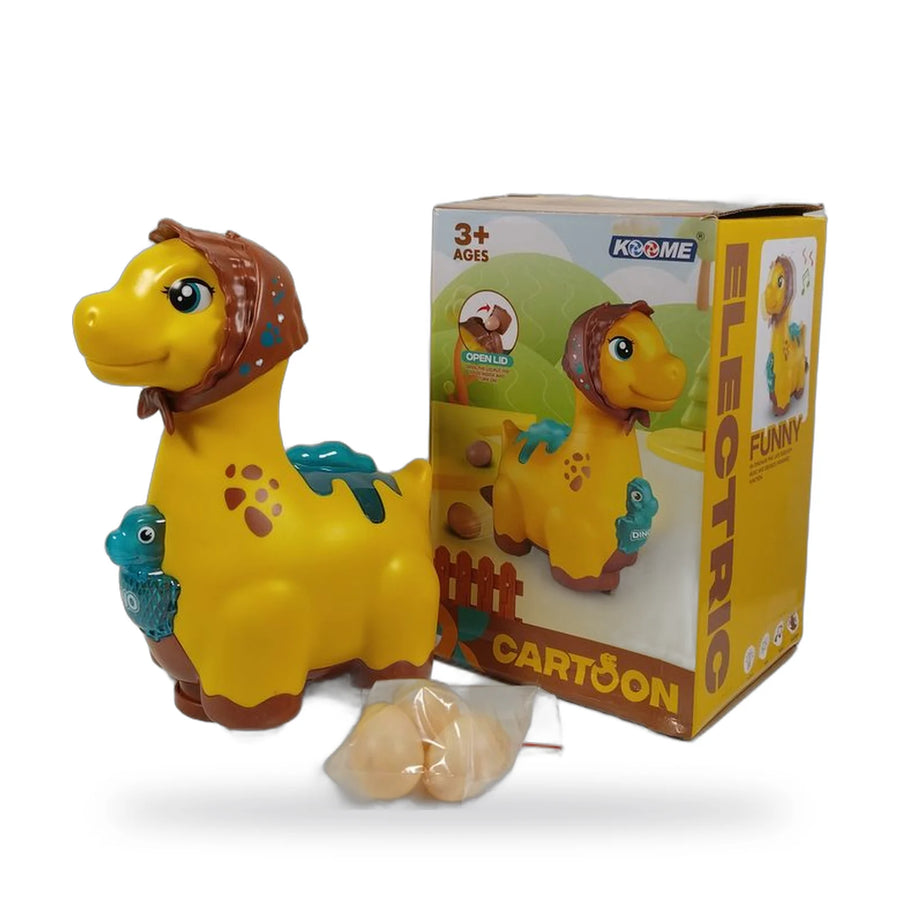 Yellow electric cartoon dinosaur toy with its back lid open to show eggs inside