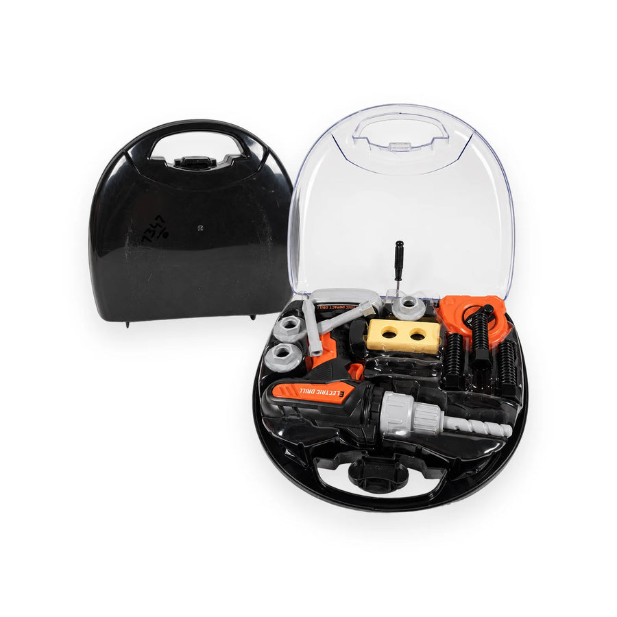 Orange and grey toy electric drill with accessories in a clear plastic carry case