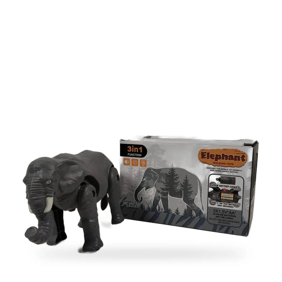 Grey plastic walking elephant toy with sound and light, next to its packaging