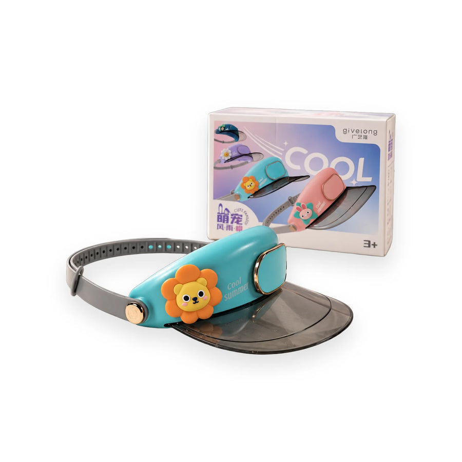 Light blue Givelong visor hat with a grey adjustable strap and a lion-shaped fan on the front