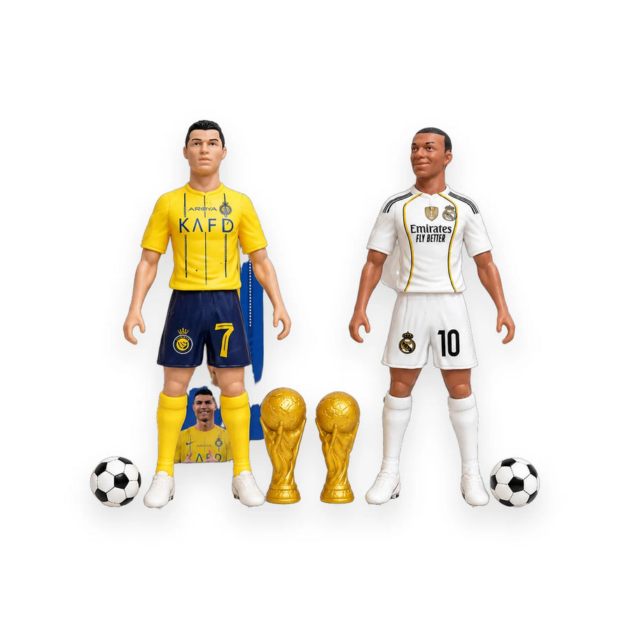 STARS football figures of Ronaldo in Al-Nassr and Man United kits and Mbappé in Real Madrid kit, boxed